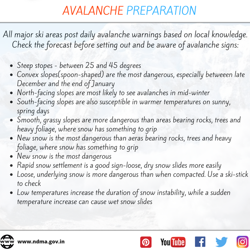 Avalanche preparation - check the forecast before setting out and be aware of avalanche signs.